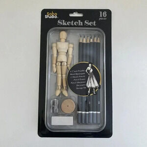 Soho Studio 16 Pieces Art Pencil Set Includes 4.5” Posable Wood Mannequin NEW
